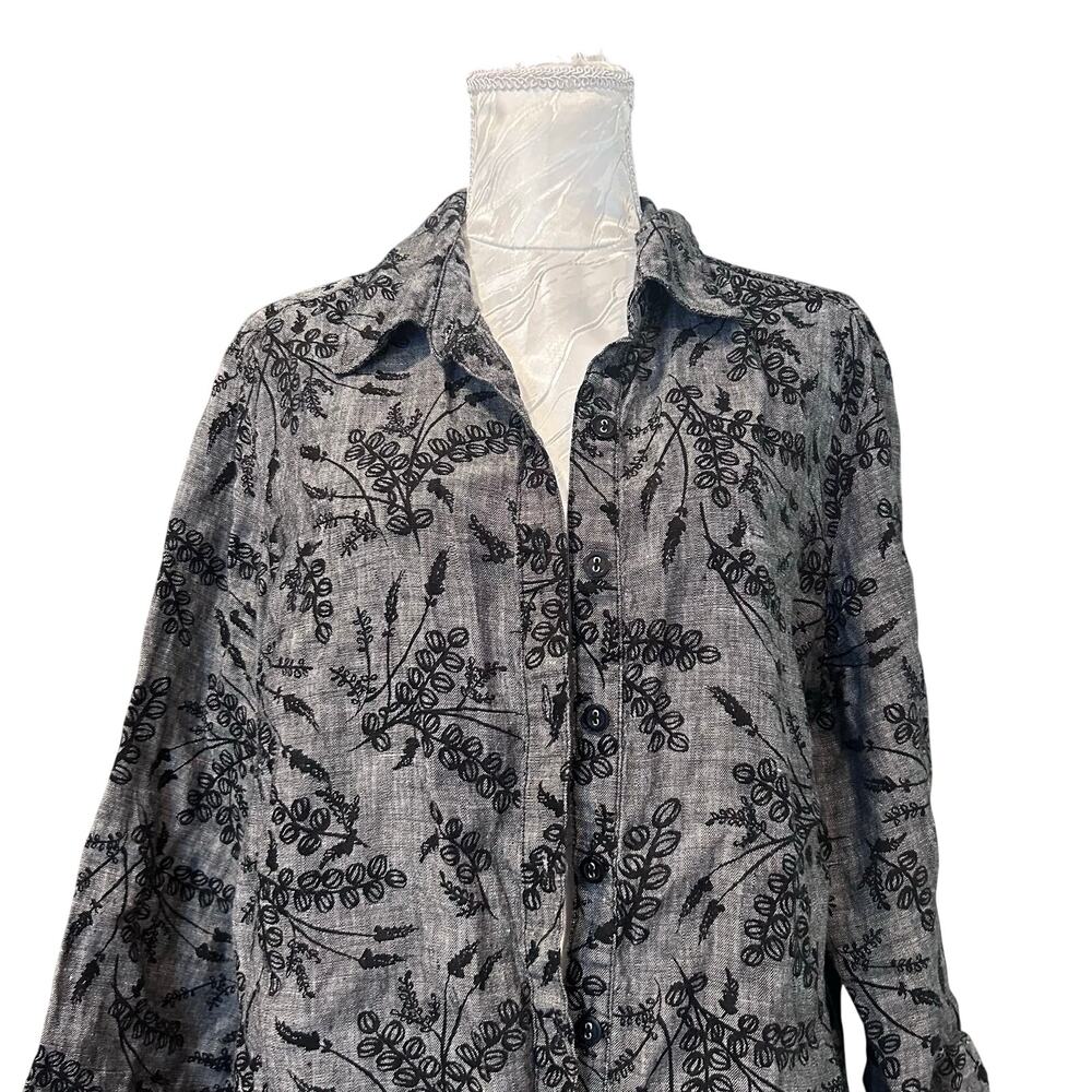 JM Collection Gray Linen Black Embroidered Floral Button Shirt Cottagecore 18W - Picture 7 of 16